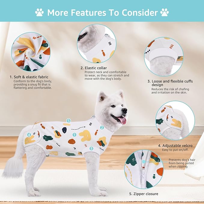 Recovery Suit for Dogs, Dog Surgery Recovery Suit with Zipper Closure Post Spay, Neuter, Abdominal Surgical Suit for Male Female Dogs Can Pee, Prevent Licking Dog Onesies, White Bear, Large+