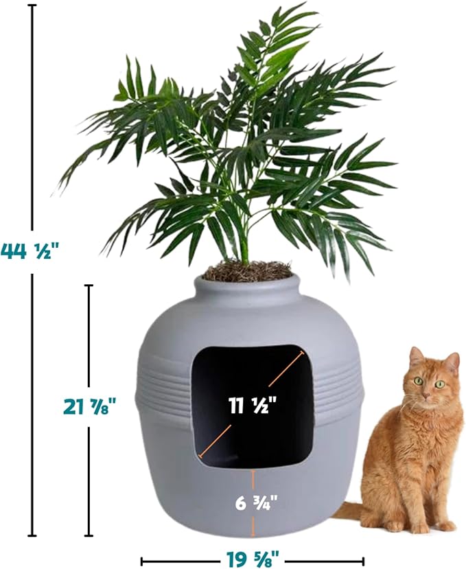 Good Pet Stuff, The Original Hidden Litter Box Base Kit, Round Enclosed Cat Litter Box Planter with Artificial Plants, Vented Carbon Odor Filter System, Florist Moss, Easy to Clean, Stone Gray