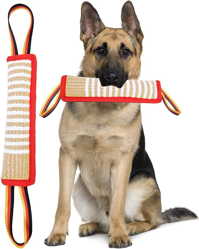 Dog Tug Toy Dog Tough Jute Bite Pillow - Lasting Training Equipment - Two Flag Handles Puppy to Large Dogs Interactive Toy war toys for aggressive chewers.