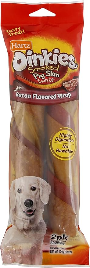 Hartz Oinkies Natural Smoked Pig Skin Twist Bacon Wrapped Xl Dog Treat Chews - 2 Pack