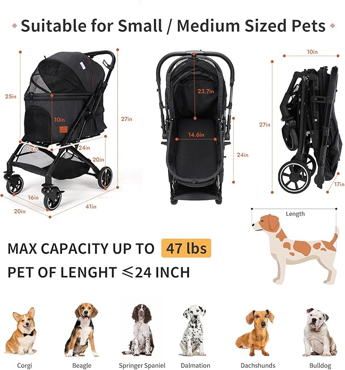 Pet Strollers for Small Medium Dogs Cats, No Zipper Entry with Reversible Handle, One-Hand Foldable Puppy Doggie Jogging Stroller Pet Travel (black & gray)