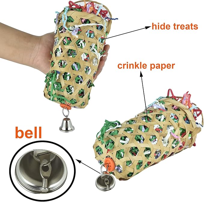 4 Pack Shredder Foraging Feeder Bird Toys Treat Basket for Parrots, Conure Shredding Chewing Paper Hanging Cage Climbing Foot Toys with Bell for Parakeets Cockatiel African Grey