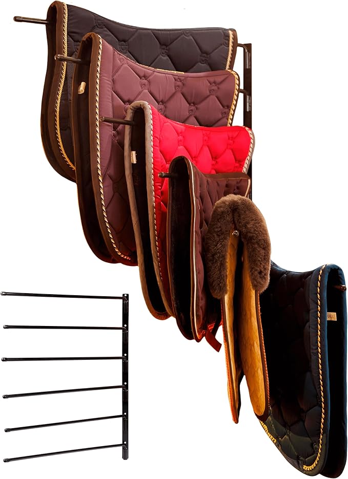 Saddle Pad Rack - Horse Blanket Holder | Heavy Duty 180 Degree Swing-Out Wall Mount | Six (6) Well-Spaced, Extra-Long Rack Arms for Various Accessories | USA Designed