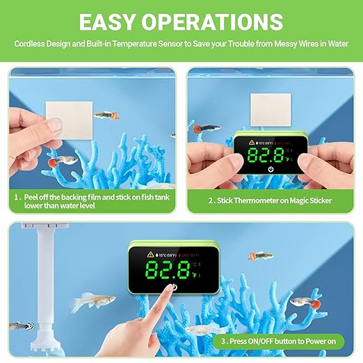 Digital Aquarium Thermometer, Stick-on Fish Tank Thermometer with LED Display, Wireless Aquarium Temperature Measurement with Battery-change Tool and Extra Sticker. (Green*1)