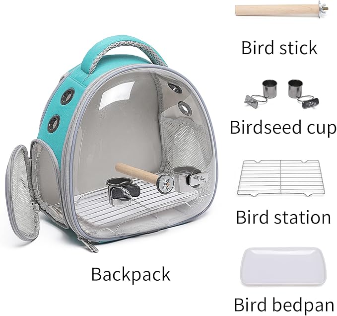 Bird Carrier Cage, Pet Travel Carrier Backpack with Standing Perch,Parrot Cockatiel Carrier bag, Food Bowl for Lovebirds Conures Parakeet Budgie Canary & Small Animal(green+accessories)