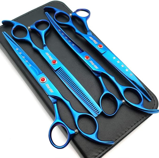 7.0in Titanium Blue Professional Pet Grooming Scissors Set,Straight & Thinning & Curved Scissors 4pcs Set for Dog Grooming,(Blue)