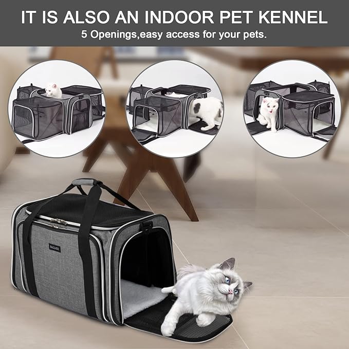 BAGLHER Cat Carrier Bag,Airline Approved Pet Carrier Soft Side Pet Travel 5 Sides Open Doors 3 Sides Expandable Foldable Dog Carrier with Fleece Pad