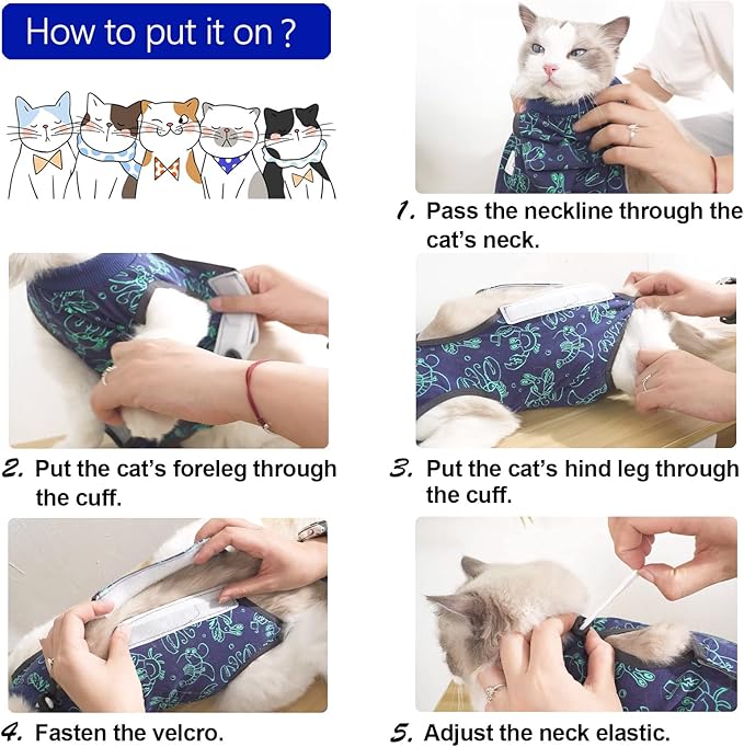 Cat Surgery Recovery Suit Cat Onesie for Cats After Surgery for Surgical Abdominal Wound Or Skin Diseases E-Collar Alternative Wear Cat Neutering Bodysuit Wear (Dark-blue-S)