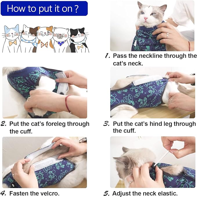 Cat Surgery Recovery Suit Cat Onesie for Cats After Surgery for Surgical Abdominal Wound Or Skin Diseases E-Collar Alternative Wear Cat Neutering Bodysuit Wear (Dark-blue-M)