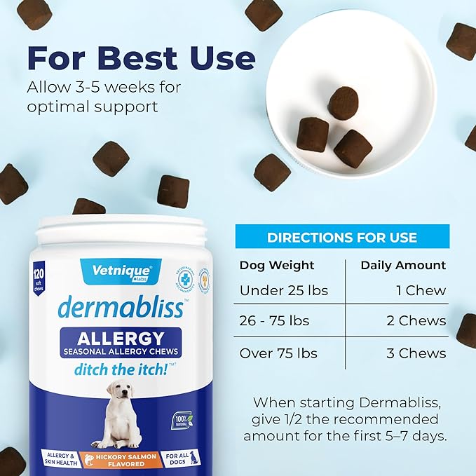 Vetnique Dermabliss Dog Allergy Relief & Immune Support Supplement Allergy Chews for Dogs Itching and Licking with Omega 3 Fish Oil & Probiotics for Itch Relief - Vet Recommended (120ct Chews)