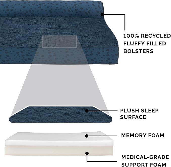 Furhaven Memory Foam Dog Bed for Medium/Small Dogs w/ Removable Bolsters & Washable Cover, For Dogs Up to 35 lbs - Plush & Almond Print L Shaped Chaise - Blue Almonds, Medium