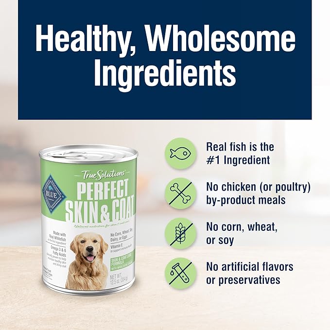 Blue Buffalo True Solutions Skin & Coat Care Adult Wet Dog Food, Made with Natural Ingredients and Wholesome Grains, Whitefish, 12.5-oz. Cans (12 Count)