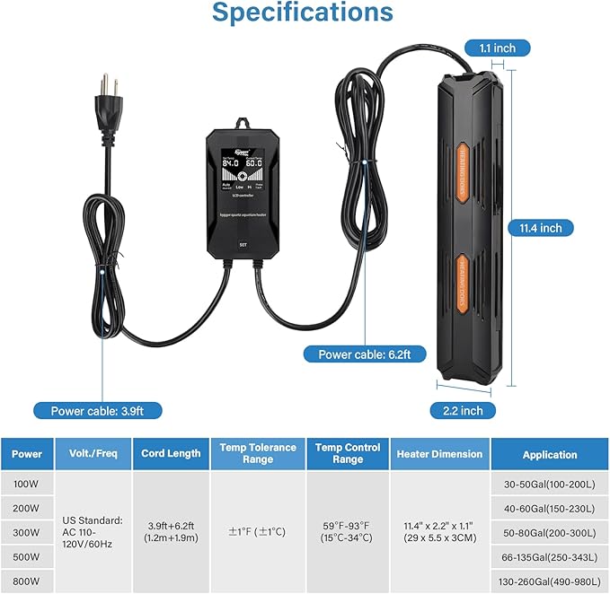 hygger Aquarium Heater, 100W/200W/300W/500W/800W Submersible Fish Tank Heater with Over-Temperature Protection and Automatic Power-Off Fish Heater with Digital Controller for Freshwater and Saltwater