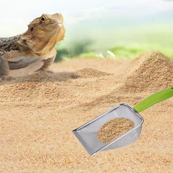 Reptile Sand Substrate Scoop Reptile Sand Fine Mesh Reptile Scooper Stainless Steel Terrarium Substrate Sand Bedding Litter Cleaner Scoop and Reptile Long Feeding Tongs Set (Green-2mm)