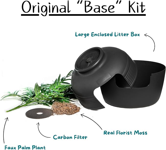 Good Pet Stuff, The Original Hidden Litter Box Base Kit, Round Enclosed Cat Litter Box Planter with Artificial Plants, Vented Carbon Odor Filter System, Florist Moss, Easy to Clean, Black Suede