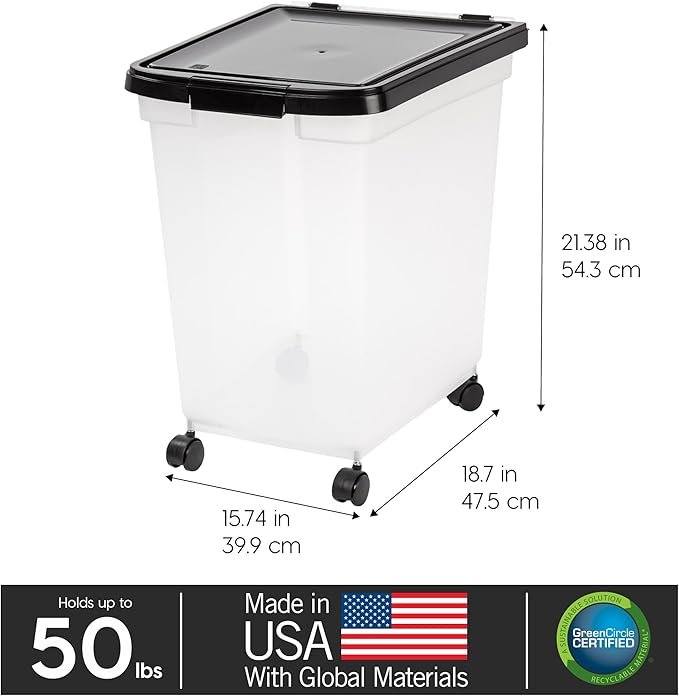 IRIS USA WeatherPro Airtight Dog Food Storage Container 50 Pound, Removable Wheels, for Dog Cat Bird Pet Food Storage Bin, Keep Fresh, Translucent Body, Easy Mobility, Clear/Black