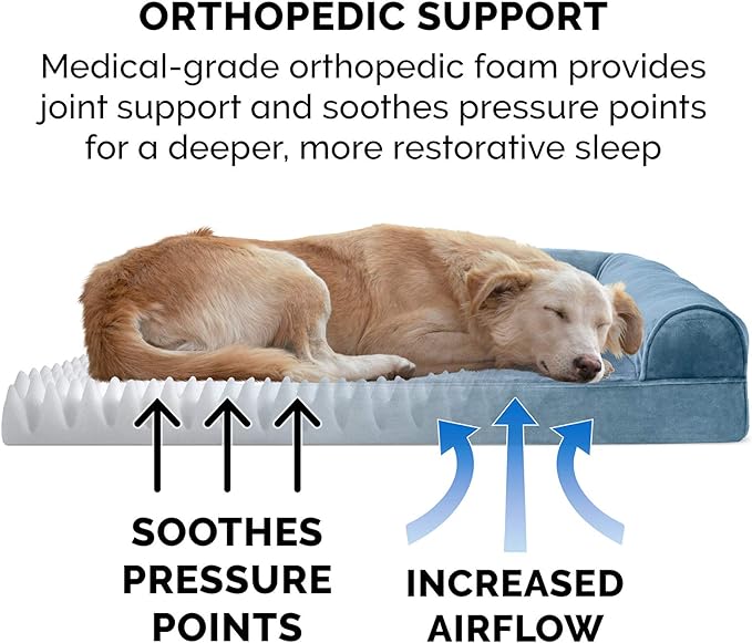 Furhaven Orthopedic Dog Bed for Large Dogs w/ Removable Bolsters & Washable Cover, For Dogs Up to 95 lbs - Faux Fur & Velvet Sofa - Harbor Blue, Jumbo/XL