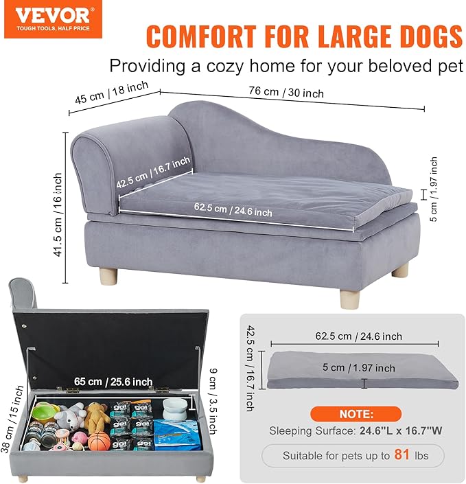 VEVOR Pet Sofa, Dog Couch for Medium-Sized Dogs and Cats, Soft Velvety Dog Sofa Bed, 81 lbs Loading Cat Sofa, Grey