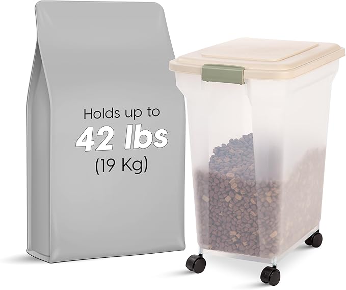 IRIS USA WeatherPro Airtight Dog Food Storage Container, Up to 42 lbs, Attachable Wheels, For Dog Cat Bird and Other Pet Food Storage Bin, Keep Fresh, Translucent Body, Clear/Almond