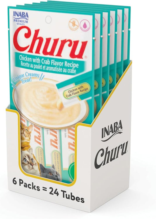 INABA Churu Cat Treats, Grain-Free, Lickable, Squeezable Creamy Purée Cat Treat/Topper with Vitamin E & Taurine, 0.5 Ounces Each Tube, 24 Tubes (4 per Pack), Chicken with Crab Recipe