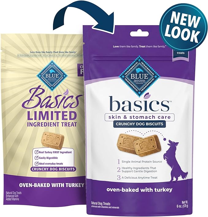 Blue Buffalo Basics Skin & Stomach Care Biscuits Crunchy Dog Treats, Turkey & Potato 6-oz Bag