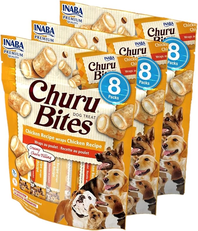 INABA Churu Bites for Dogs, Grain-Free, Soft/Chewy Baked Chicken Wrapped Churu Filled Dog Treats, 0.42 Ounces Each Tube | 24 Tubes Total (8 Tubes per Pack), Chicken Recipe