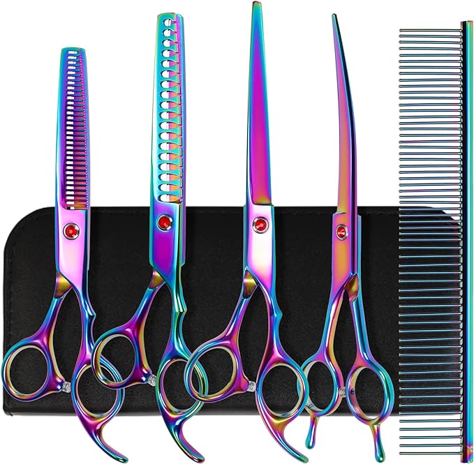 Dog Grooming Scissors, Maxshop Heavy Duty Titanium Pet Grooming Trimmer Kit, Professional Thinning Shears, Curved Scissors with Comb for Dogs and Cats (Colorful Set of 5)