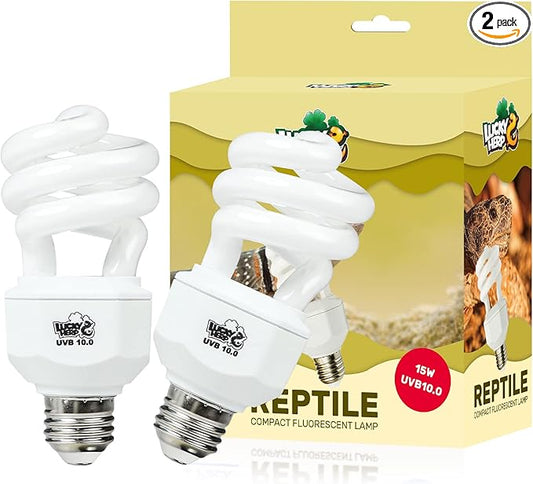 LUCKY HERP 2 Pack UVA UVB Reptile Light, 15W 10.0 UVB Bulb for Desert Reptiles, Compact Fluorescent Terrarium Lamp, Reptile UVB Bulb for Bearded Dragon, Lizard, Tortoise