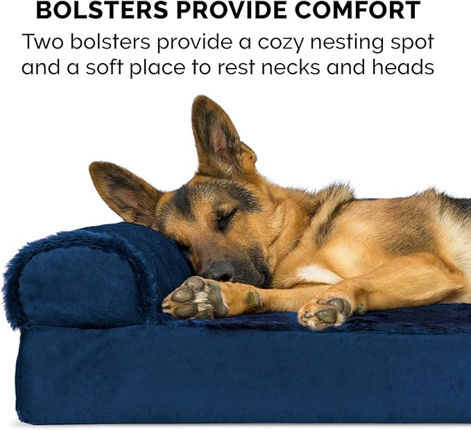 Furhaven Memory Foam Dog Bed for Large Dogs w/ Removable Bolsters & Washable Cover, For Dogs Up to 125 lbs - Plush & Velvet L Shaped Chaise - Deep Sapphire, Jumbo Plus/XXL