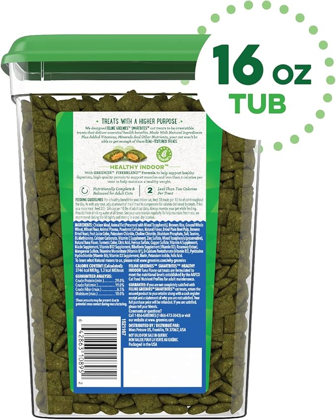 Greenies Feline Smartbites Healthy Indoor Natural Treats for Cats, Tuna Flavor, 16 oz. Tub