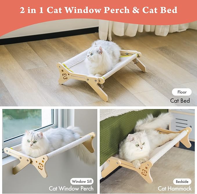 Cat Window Perch Cat Window Hammock Seat for Indoor Cats Sturdy Adjustable Steady Cat Bed Providing All-Around Sunbath Space Saving Washable Holds Up to 40 lbs (2 in 1 Cream-colored)