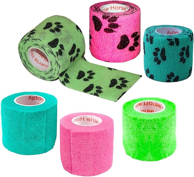 Prairie Horse Supply 2 Inch Vet Wrap Tape Bulk (Green, Pink, Red and Black Paw Prints on Green, Pink, Red) (Pack of 6) Self Adhesive Adherent Adhering Flex Bandage Grip Roll for Dog Cat Pet