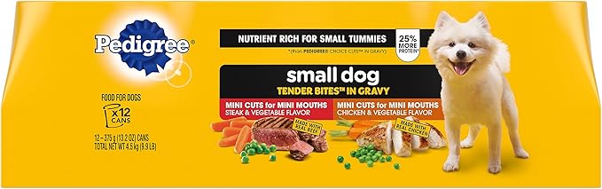 Pedigree Small Dog Tender Bites in Gravy Variety Pack, Chicken & Vegetable Flavor and Steak & Vegetable Flavor Canned Wet Dog Food, (12) 13.2 oz. Cans