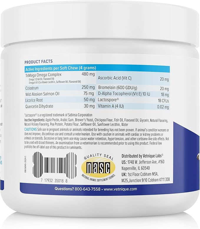 Vetnique Dermabliss Seasonal Dog Allergy Relief & Immune Support Supplement Allergy Chews for Dogs Itching and Licking with Omega 3 Fish Oil & Probiotics for Itch Relief - Vet Recommended (60ct Chews)