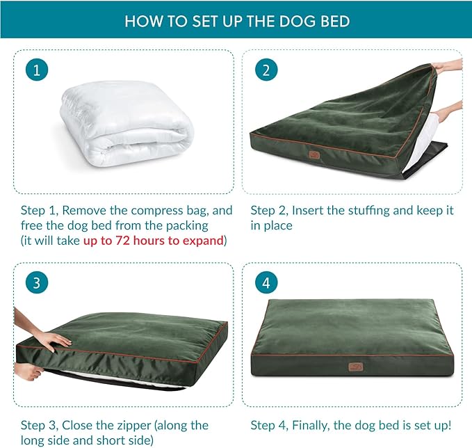 Bedsure Waterproof Dog Beds for Meidum Dogs - 4 inch Thick Up to 50lbs Medium Dog Bed with Removable Washable Cover, Pet Bed Mat Pillows, Dark Green