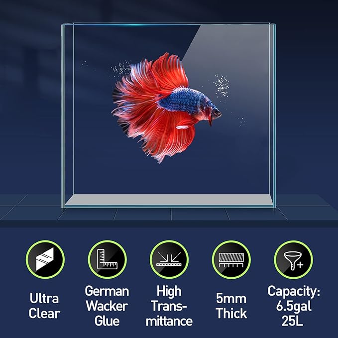 6.5 Gallon Ultra Clear Glass Fish Tank, Rimless Low Iron Aquarium for Betta/Nano/Goldfish/Snail/Shrimp, Fish Tank & Cover Set & Feeding Ring & Cleaning Tools