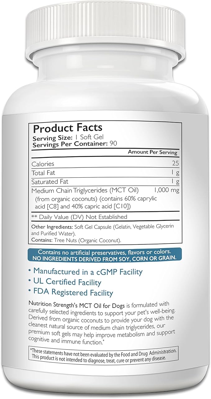 MCT Oil for Dogs from Organic Coconuts, Medium Chain Triglycerides with Caprylic Acid & Capric Acid to Protect Skin and Coat, Boost Immunity, Support Metabolism, 90 Soft Gels