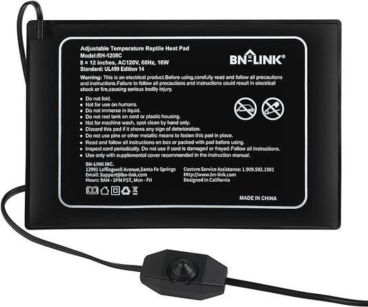 BN-LINK Reptile Heating Pad 8" X 12" with Adjust Knob, Adjustable Temperature Electric Indoor Under Tank Terrarium Heating Mat Waterproof for Turtles, Lizards, Frogs, and Other Reptiles