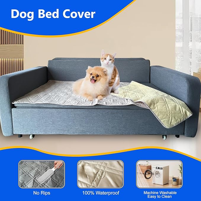 Dog Bed Cover, 100% Waterproof & Anti-Slip Pet Blanket Sofa Bed Mat, Reusable Bed Cover for Dogs, Washable Geometric Embroidery Mattress, Camping Pad for Pet/Dog/Cat (68x82 inch, Beige)