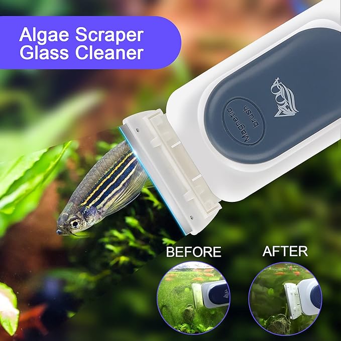 AQQA Aquarium Strong Magnetic Cleaner Brush, Fish Tank Glass Algae Magnet Cleaning Tool Floating Cleaner Scrubber Brush with 2 Detachable Scraper (Blue,L)