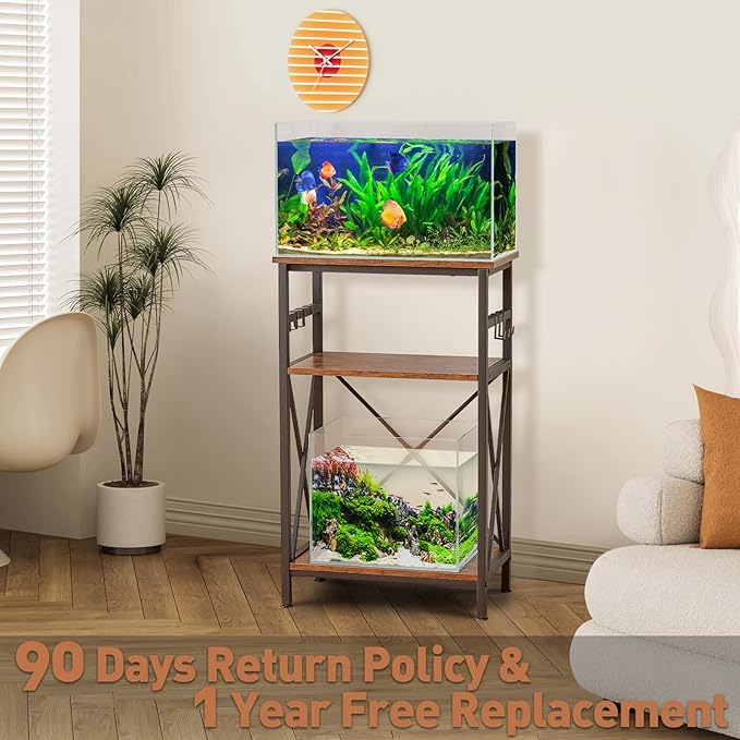 10 Gallon Fish Tank Stand with Shelf, Double Aquarium Stand for 10&5 Gal Fish Tank, 3-Tier Heavy Metal Stand with Stable Structure, Adjustable Table Feet&Anti-tilt Device - Rustic Brown