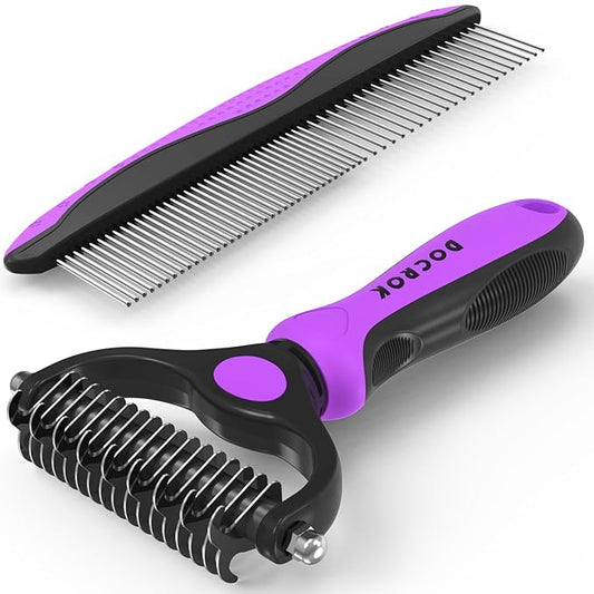 Pet Grooming Brush and Metal Comb Combo, Cat Brush Dog Brush for Shedding, Undercoat Rake for Dogs Grooming, Dematting Deshedding Brush Dogs Shedding Tool for Long matted Haired Pets, Purple