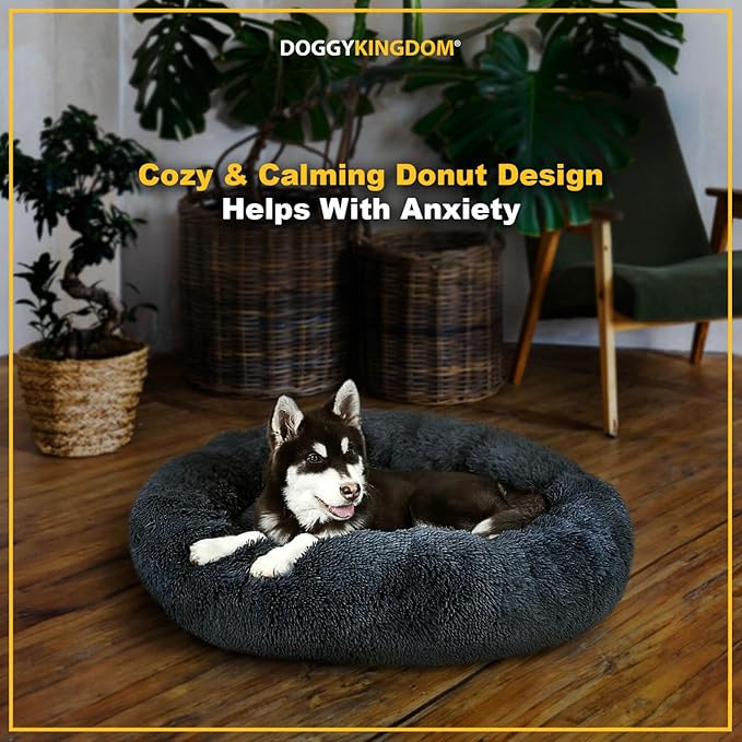 Calming Round Donut Dog Bed Pillow, Washable, Anti Anxiety, Anti-Slip, Cozy Soft Cuddler Comfort Bed with Fluffy Plush Faux Fur for large medium small Sized Dog - Beige, L 35 inch