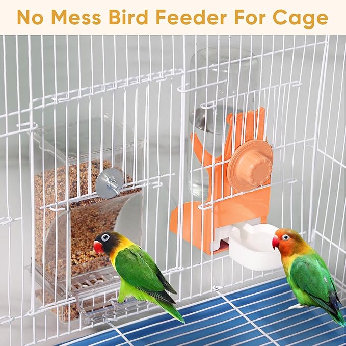 Bird Water Dispenser,No Mess Bird Feeder for Cage, Cockatiel Food,Parrot Cage Accessories,Automatic Bird Drinker for Cage,Parakeet Seed Container Food Feeder Drinker for Cage, Canary Budgies (Orange)