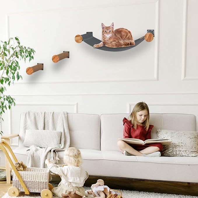 Cat Hammock Wall Mounted Large Cat Perch with 2 Cat Wall Steps - Cat Wall Shelves for Indoor Cats or Kitty - Premium and Modern Cat Furniture for Sleeping, Playing, Climbing (Grey)