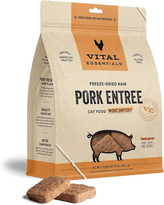 Vital Essentials Freeze Dried Raw Cat Food, Pork Mini Patties Entree, 15 oz