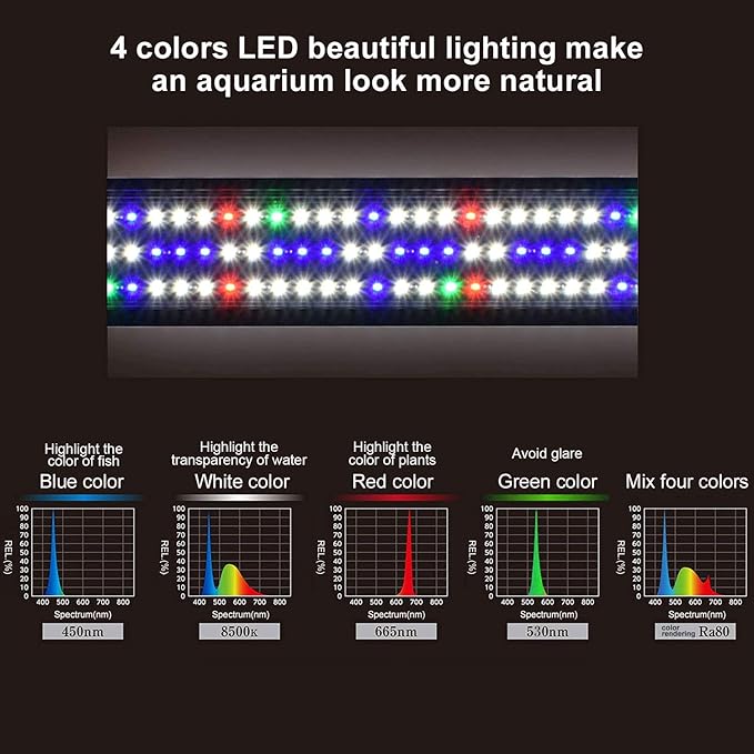 KZKR Upgraded Aquarium LED Light Full Spectrum 36-48 inch Hood Lamp for Freshwater Marine Plant Multi-Color Decorations Light 90-120 cm