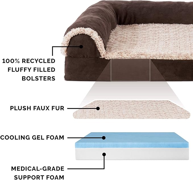 Furhaven Cooling Gel Dog Bed for Large Dogs w/ Removable Bolsters & Washable Cover, For Dogs Up to 125 lbs - Two-Tone Plush Faux Fur & Suede L Shaped Chaise - Espresso, Jumbo Plus/XXL