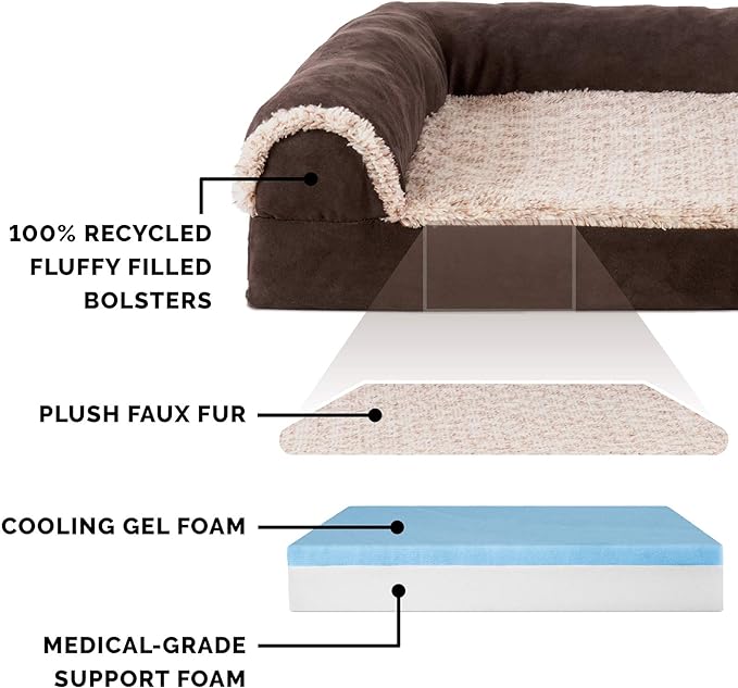 Furhaven Cooling Gel Dog Bed for Large Dogs w/ Removable Bolsters & Washable Cover, For Dogs Up to 95 lbs -Two-Tone Plush Faux Fur & Suede L Shaped Chaise- Espresso, Jumbo/XL, 40.0"L x 32.0"W x 8.0"Th