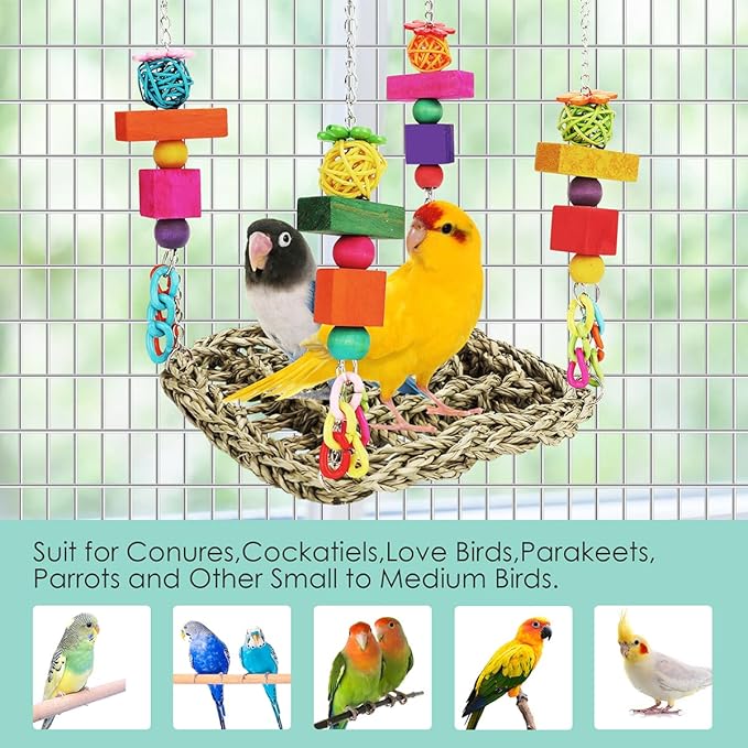 Bird Toys Parakeet Toys Conure Toys Bird Foraging Wall Toy,Seagrass Woven Hammock Swing Mat for Climb Perch Swing with Colorful Wooden Chewing Toys for Lovebirds,Parakeets,Conure,Cockatiel (Middle)